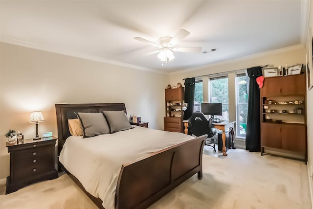 602 Rock Cv, Houston, TX 77079 - bedroom featuring light colored carpet, ornamental molding, a desk, and ceiling fan