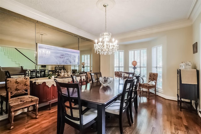 602 Rock Cv, Houston, TX 77079 - dining area with ornamental molding, dark wood-style floors, a chandelier, stairway, and baseboards
