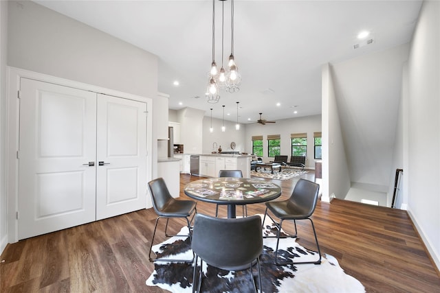 3148 Poe Dr, Montgomery, TX 77356 - dining room featuring wood finished floors, a ceiling fan, baseboards, and recessed lighting