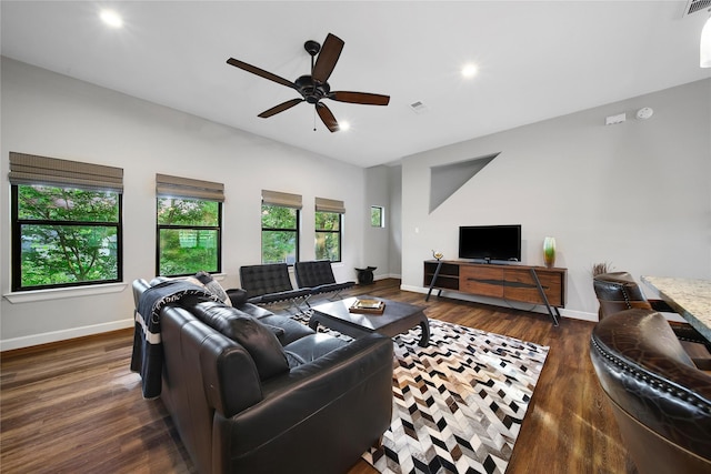 3148 Poe Dr, Montgomery, TX 77356 - living area featuring dark wood finished floors, a ceiling fan, baseboards, and recessed lighting