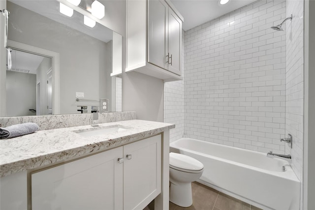 3148 Poe Dr, Montgomery, TX 77356 - bathroom featuring toilet, vanity, shower / bathtub combination, tile patterned floors, and recessed lighting