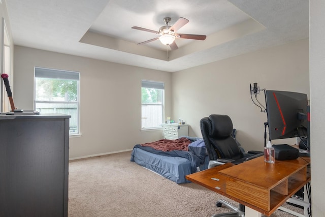 24027 Pinecreek Pt, Spring, TX 77373 - bedroom featuring a tray ceiling, multiple windows, carpet floors, and baseboards