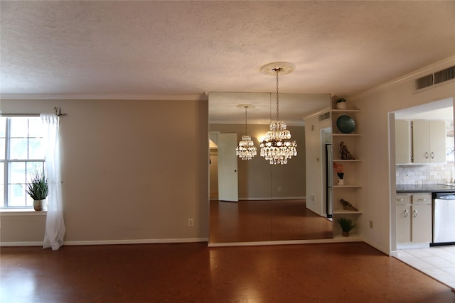 9003 Gaylord Dr Unit 11, Houston, TX 77024 - unfurnished dining area with ornamental molding, a chandelier, baseboards, and a textured ceiling