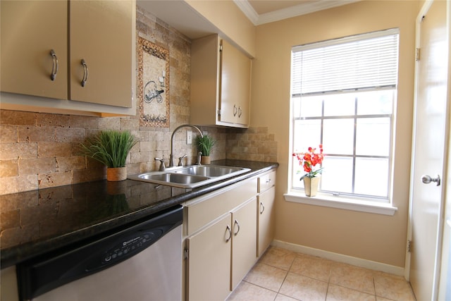 9003 Gaylord Dr Unit 11, Houston, TX 77024 - kitchen featuring dishwasher, a sink, crown molding, backsplash, and dark countertops