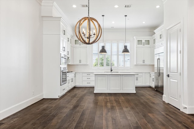 3850 Glen Arbor Dr, Houston, TX 77025 - kitchen featuring stainless steel appliances, a chandelier, dark wood-style flooring, glass insert cabinets, and recessed lighting