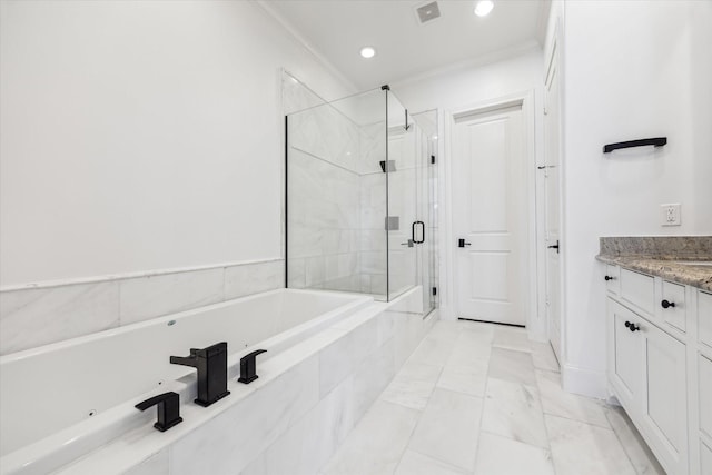 3850 Glen Arbor Dr, Houston, TX 77025 - bathroom with a marble finish shower, a jetted tub, vanity, crown molding, and recessed lighting