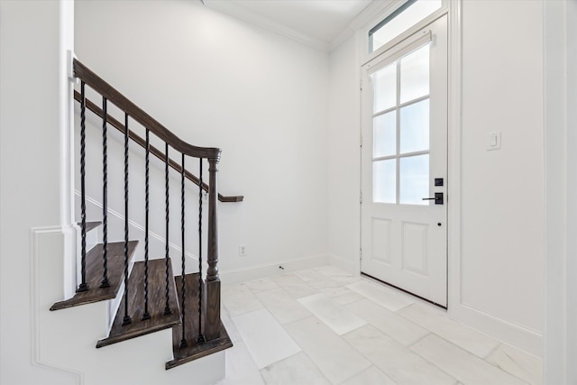 3850 Glen Arbor Dr, Houston, TX 77025 - entrance foyer featuring light marble finish floors, baseboards, stairs, and crown molding