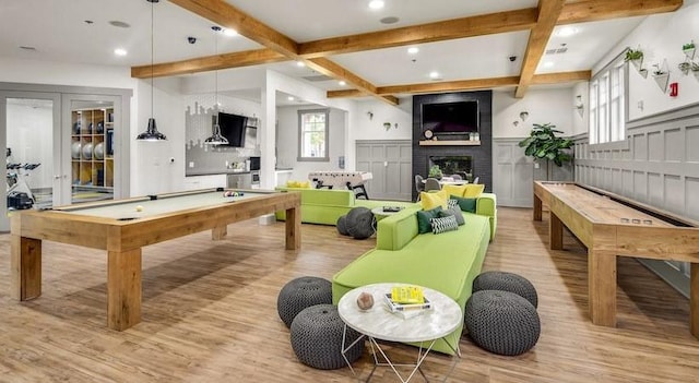 1725 Harvey Mitchell Pkwy S Unit 2433, College Station, TX 77840 - playroom with billiards table, beamed ceiling, light wood-style flooring, recessed lighting, and a fireplace