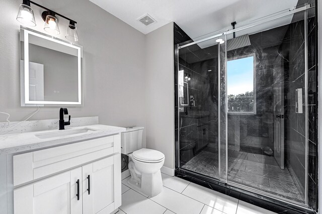 9805 Fabiola Dr, Houston, TX 77075 - bathroom with toilet, vanity, a marble finish shower, and tile patterned floors