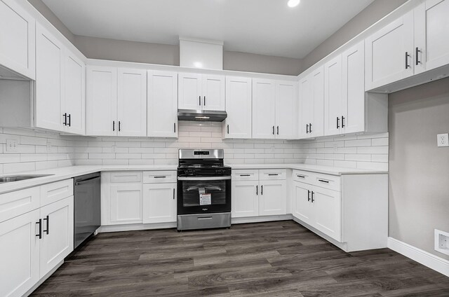 9805 Fabiola Dr, Houston, TX 77075 - kitchen with stainless steel appliances, under cabinet range hood, white cabinets, decorative backsplash, and recessed lighting