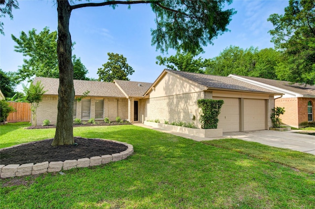 14011 Dominique Dr, Cypress, TX 77429 - ranch-style house featuring a garage, driveway, brick siding, and roof with shingles