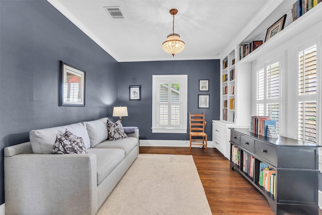 1618 Lawrence St, Houston, TX 77008 - living area with dark wood-style floors, ornamental molding, and baseboards