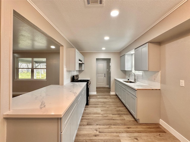 7845 Bonaire St, Houston, TX 77028 - kitchen with gas range, tasteful backsplash, a sink, baseboards, and light wood-style flooring