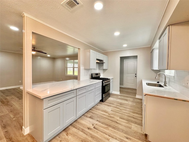 7845 Bonaire St, Houston, TX 77028 - kitchen featuring gas range, a sink, light wood finished floors, crown molding, and under cabinet range hood