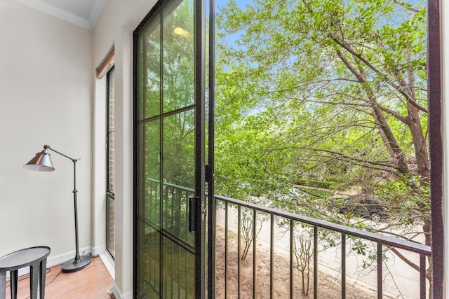 118 Mcgowen St Unit E, Houston, TX 77006 - doorway to outside with crown molding, baseboards, and light wood finished floors