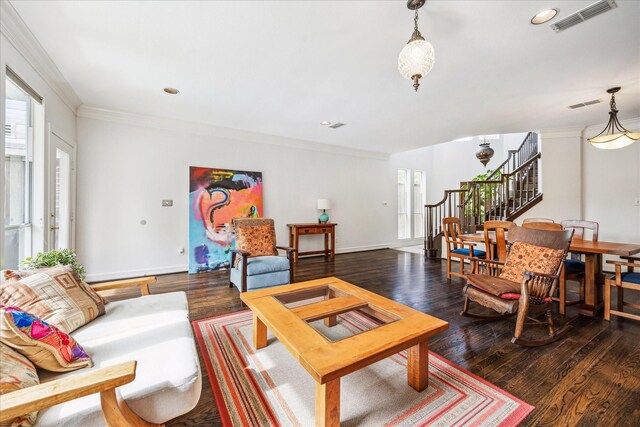 1202 Marconi St, Houston, TX 77019 - living area featuring stairway, wood finished floors, baseboards, crown molding, and recessed lighting