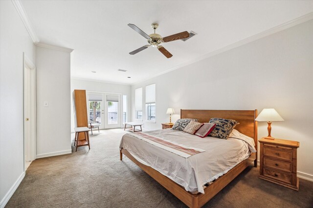 1202 Marconi St, Houston, TX 77019 - carpeted bedroom featuring crown molding, access to outside, baseboards, and a ceiling fan