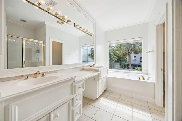 1202 Marconi St, Houston, TX 77019 - bathroom featuring double vanity, crown molding, a bath, tile patterned floors, and a stall shower