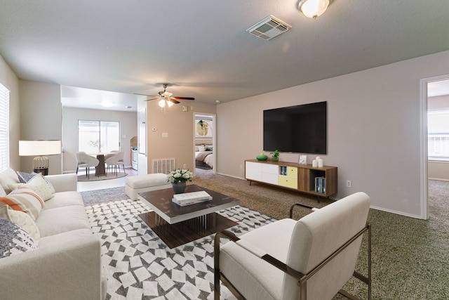 12518 Rosslare Dr, Houston, TX 77066 - living room featuring plenty of natural light, carpet, a ceiling fan, and baseboards