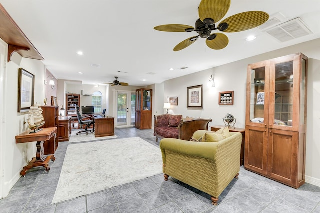 15912 Rosethorn Ct, Cypress, TX 77429 - living room with a ceiling fan, a desk, baseboards, and recessed lighting
