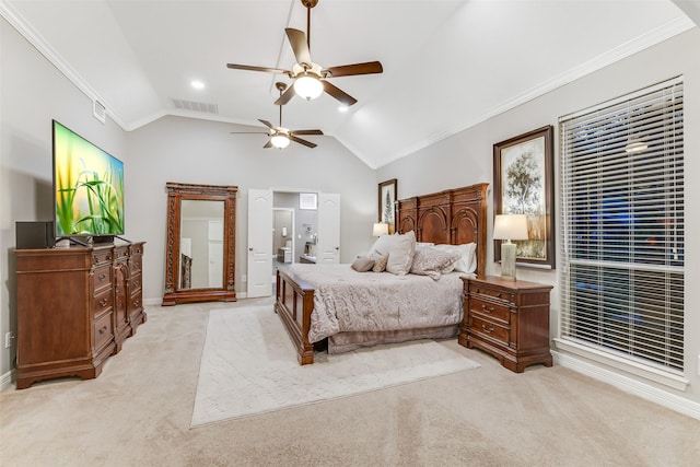 15912 Rosethorn Ct, Cypress, TX 77429 - bedroom featuring light carpet, ornamental molding, lofted ceiling, baseboards, and ceiling fan