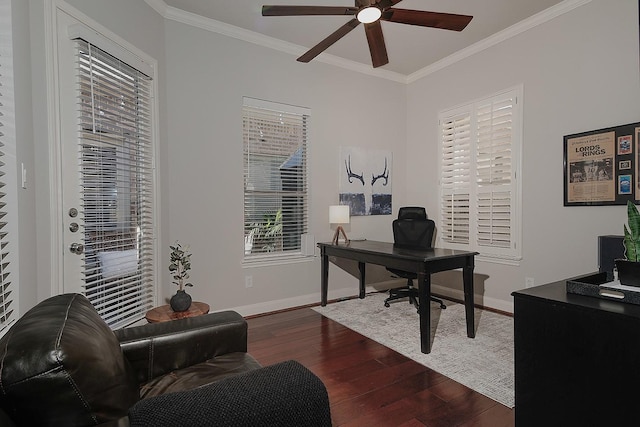 7 Heathcote Ct, The Woodlands, TX 77380 - office featuring dark wood-style flooring, ornamental molding, ceiling fan, and baseboards