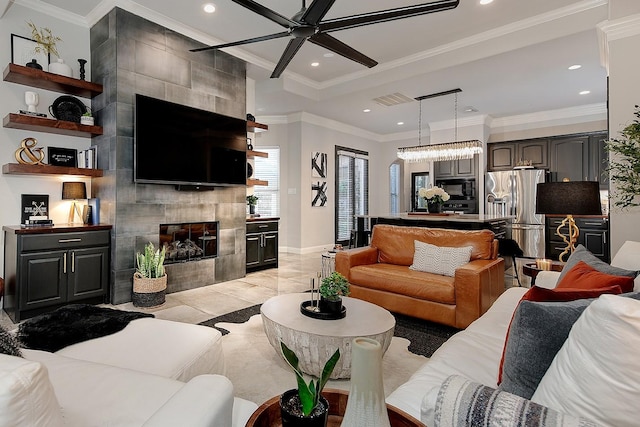 7 Heathcote Ct, The Woodlands, TX 77380 - living room featuring a tiled fireplace, ceiling fan, recessed lighting, crown molding, and baseboards