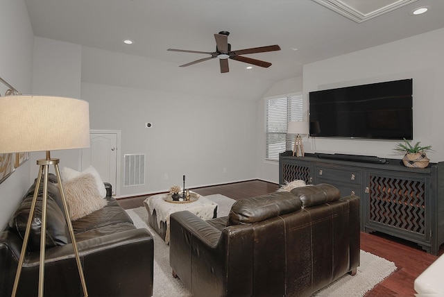 7 Heathcote Ct, The Woodlands, TX 77380 - living area featuring a ceiling fan, wood finished floors, recessed lighting, and lofted ceiling