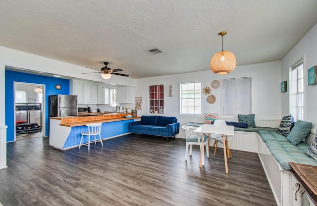 21735 Matagorda Dr, Galveston, TX 77554 - living room with a textured ceiling, dark wood-style floors, and a ceiling fan