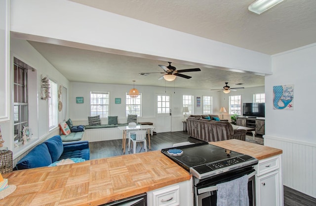 21735 Matagorda Dr, Galveston, TX 77554 - kitchen with open floor plan, butcher block counters, stainless steel range with electric stovetop, white cabinetry, and wainscoting