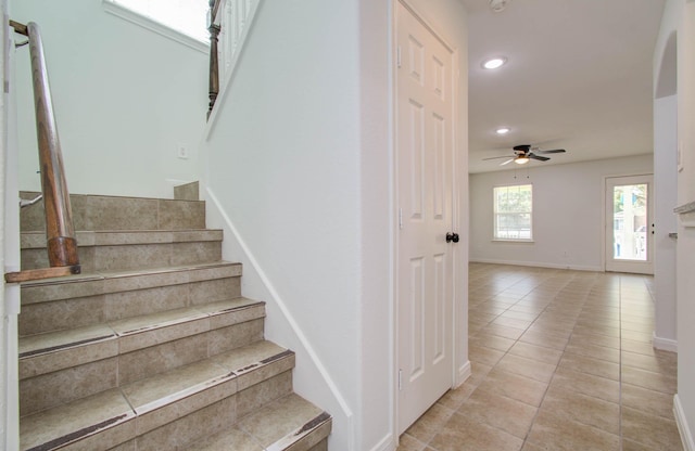 5403 Farley Dr, Houston, TX 77032 - stairway with tile patterned flooring, ceiling fan, baseboards, and recessed lighting