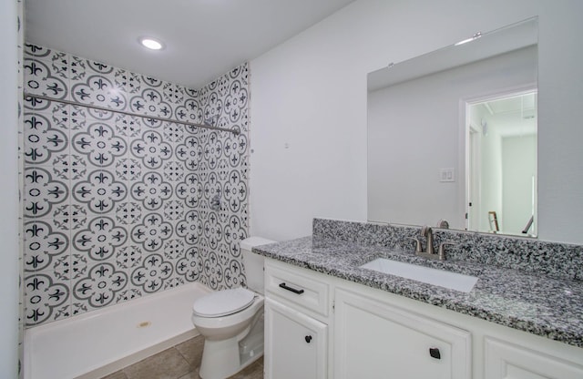 5403 Farley Dr, Houston, TX 77032 - full bath with tiled shower, vanity, toilet, and tile patterned flooring