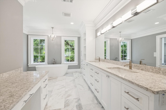 2216 Tangley St, Houston, TX 77005 - bathroom featuring a chandelier, double vanity, crown molding, healthy amount of natural light, and recessed lighting