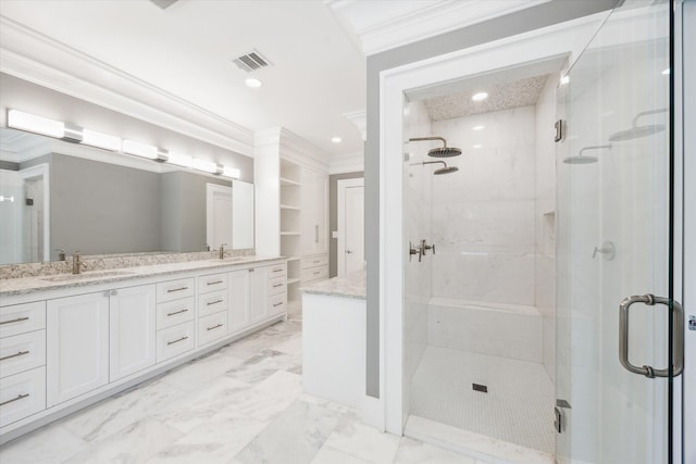 2216 Tangley St, Houston, TX 77005 - full bathroom with double vanity, a shower stall, crown molding, marble finish floors, and recessed lighting