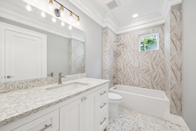 2216 Tangley St, Houston, TX 77005 - bathroom with crown molding, toilet, vanity, and washtub / shower combination
