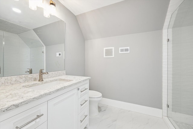 2216 Tangley St, Houston, TX 77005 - full bath with toilet, vanity, lofted ceiling, marble look tile flooring, and baseboards