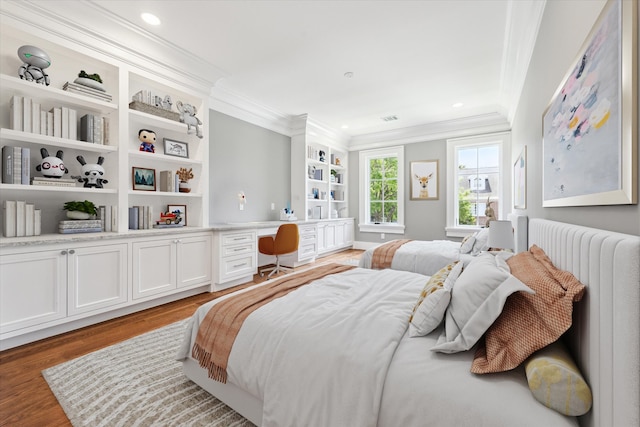 2216 Tangley St, Houston, TX 77005 - bedroom featuring ornamental molding, wood finished floors, recessed lighting, and radiator heating unit