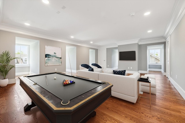 2216 Tangley St, Houston, TX 77005 - recreation room featuring wood finished floors, baseboards, recessed lighting, crown molding, and billiards table