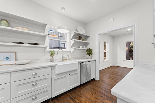 304 Bayland Ave, Houston, TX 77009 - kitchen featuring open shelves, dishwasher, a sink, dark wood-style flooring, and white cabinetry