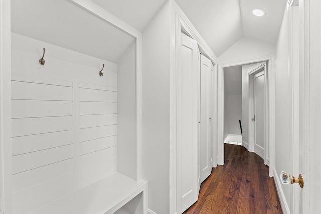 304 Bayland Ave, Houston, TX 77009 - mudroom with lofted ceiling, dark wood-style flooring, baseboards, and recessed lighting