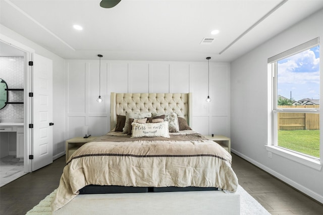 15838 Weston Ridge Dr, Humble, TX 77346 - bedroom with dark wood-type flooring, baseboards, and recessed lighting