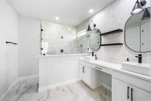 15838 Weston Ridge Dr, Humble, TX 77346 - full bath featuring double vanity, marble look tile flooring, a walk in shower, recessed lighting, and baseboards