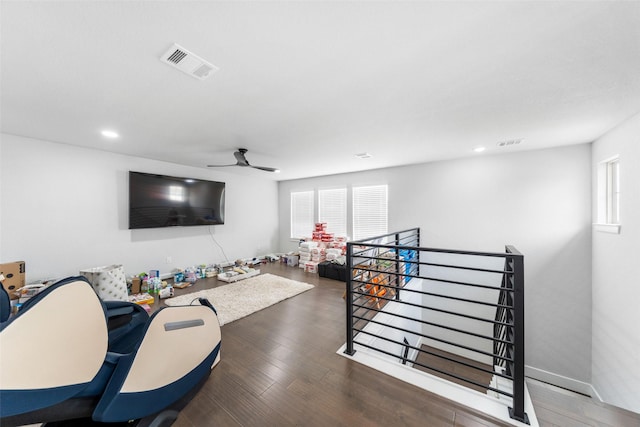 15838 Weston Ridge Dr, Humble, TX 77346 - living room with a ceiling fan, wood finished floors, and recessed lighting