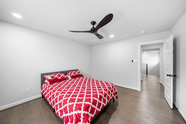 15838 Weston Ridge Dr, Humble, TX 77346 - bedroom with recessed lighting, dark wood-style flooring, baseboards, and ceiling fan