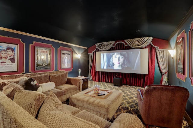 7519 Red Bay Cir, Magnolia, TX 77354 - cinema room featuring vaulted ceiling, crown molding, and carpet floors