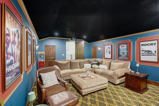 7519 Red Bay Cir, Magnolia, TX 77354 - home theater room featuring ornamental molding, baseboards, wood finished floors, vaulted ceiling, and recessed lighting