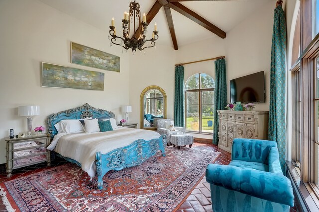 7519 Red Bay Cir, Magnolia, TX 77354 - bedroom featuring a chandelier, beamed ceiling, high vaulted ceiling, and brick flooring