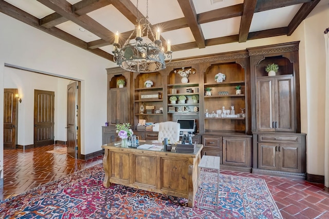 7519 Red Bay Cir, Magnolia, TX 77354 - home office with coffered ceiling, baseboards, a chandelier, and beam ceiling