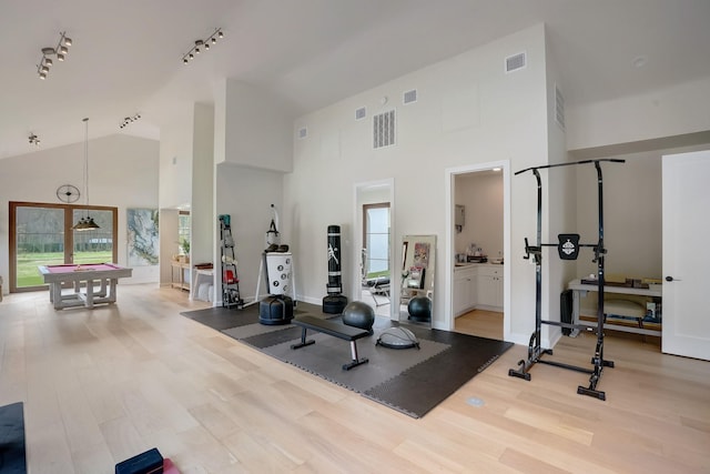 7519 Red Bay Cir, Magnolia, TX 77354 - gym with high vaulted ceiling, healthy amount of natural light, wood finished floors, track lighting, and baseboards