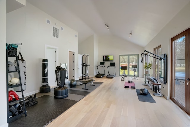 7519 Red Bay Cir, Magnolia, TX 77354 - exercise room with wood finished floors, high vaulted ceiling, and baseboards